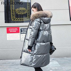 フィクスロン因果因果光沢のある光沢のあるジャケット冬の女性の長い毛皮の首輪フード付きコート厚いジャケット女性アウトウェア211223