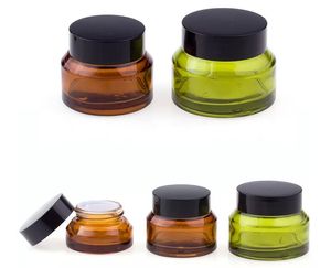 15 g, 30 g, 50 g Glasgefäße, Verpackungsflaschen für Kosmetika, grüne bernsteinfarbene Cremetiegel, Kosmetikverpackungen mit Deckel, schwarze Kunststoffkappen