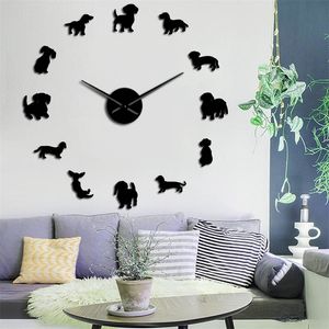 Dackel Rassen Große DIY Wanduhr Welpen Tiere Spiegel Aufkleber Pet Store Decor Hängende Uhr Geschenk Für Hundeliebhaber 201212