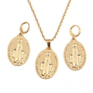 Virgin Mary Jewelry Sets Gold Color Earrings Necklace Women Girl Our Lady Cross Trendy Jewelry