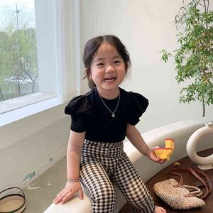 2021 Summer New Solid Color Kids T-shirts Korean Style Puff Sleeve Baby Girls Tops Knitted Elastic Short-sleeved Children Tees G1224