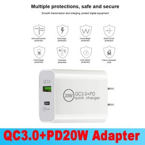 20W PD QC 3.0 Dual USB-laddare Snabbladdningsadapter EU US-kontakt Typ C Fast laddare Power Delivery Mobiltelefon