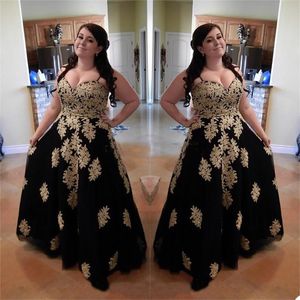 Plus Size Schwarz A-Linie Ballkleider Goldapplizierte Spitze Abendkleider Sexy Spaghettiträger Sweep Zug Maßgeschneidertes formelles Kleid mit rotem Teppich