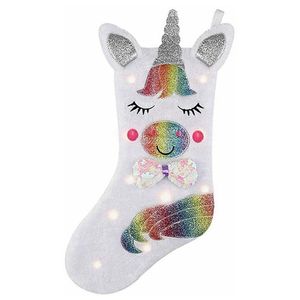 Einhorn Weihnachtsstrumpf mit LED-Licht Cartoon Einhorn Pailletten Strümpfe für Weihnachtsdekoration Geschenk Süßigkeiten Tasche