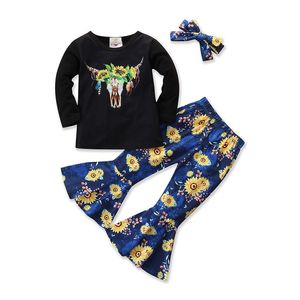 2Pcs Newborn Toddler Kids Baby Girl Clothes Sunflower Letter print Long Sleeve Clothes Tops T-shirt Flare Pants Outfit