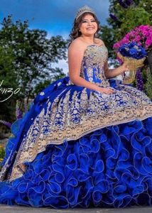 Royal Blue Satin 2022 Vestidos de 15 Años الأزرق فساتين quinceanera الرباط الكشكشة الأورجانزا المكسيكي الفتيات XV brithday ارتداء