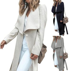 Fall Winter Chic Lady Solid Color Lapel långärmad knapp Slite ull överrock varma kvinnor ytterkläder vinterrock avslappnad smal passform