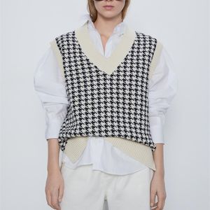 Women Fashion Oversized Houndstooth Knitted Vest Sweater Vintage Sleeveless Side Vents Female Waistcoat Chic Tops 210204