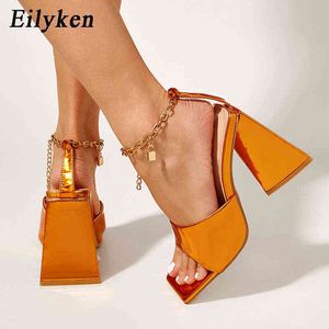 Eilyken elegante senhoras festa vestido sapatos moda metal cadeia de torres de tornozelo aberto toe e quadrado saltos quadrados mulheres sandálias y220224