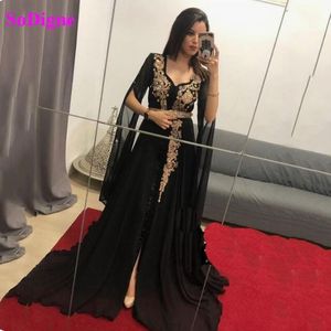 Sodigne Elegancki Czarny Algieria Caftan Suknie Wieczorowe V Neck Tull Z Długim Rękawem Muzułmańskie Suknie Marokańskie Kaftan Formalne Gowns LJ201123