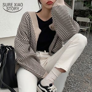 Camisola de Cardigan Striped de malha Mulheres Moda Patchwork Top Out Outono Manga Longa Casual Outwears V-Neck Buttons Revestxo 12031 201023