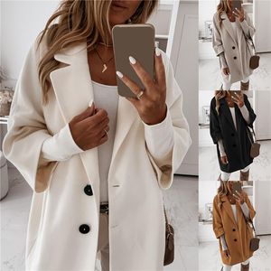 As mulheres misturas de lã mulheres casuais outono inverno 3/4 bolsos de manga botões longo casaco solto