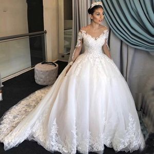 Real Photo Luxury Ball Gown Lace Wedding Dresses Princess Long Sleeves Vintage Scoop Appliques Chapel Train Designer Wedding Gowns P15