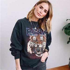 Black Tiger Head Graphic Boho Felpa Donna Autunno Inverno Manica lunga O Collo 100% cotone Pullover Felpe con cappuccio vintage casual 201203