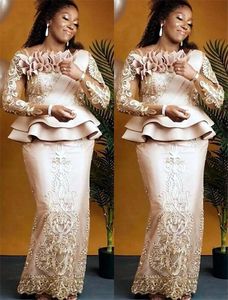 2022 Plus Storlek Arabisk Aso Ebi Champagne Lace Sexig Moder av Brud Klänningar Långärmad Slå Vintage Prom Kväll Formell Party Gowns Dress