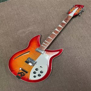 12-saitige E-Gitarre, verchromtes Metall mit rotem Farbverlauf, Furnier mit Tigermuster, Holzstreifendekoration