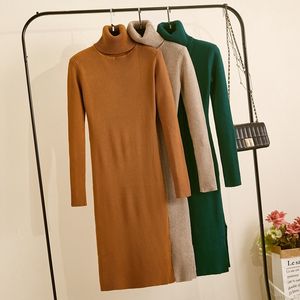 GIGOGOU Knit Long Women Sweater Dress Winter Thick Turtleneck Pullover Slim Fit Maxi Dress Ribbed Knitted Robe Pull Midi Dresses 201125