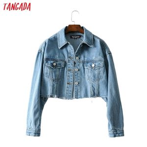Tangada мода женщины синие джинсовые джинсы куртки уличная одежда карманные повседневные карманы пальто дамы короткий стиль топы FN105 201026