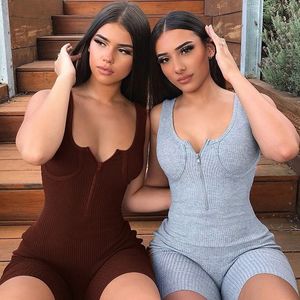 Haoyuan Sexy Rib Zip Active Wear Rompers Womens Jumpsuit Biker Shorts One Piece Bodysuit Fall Fitness Outfits Bodycon Playsuits 201007