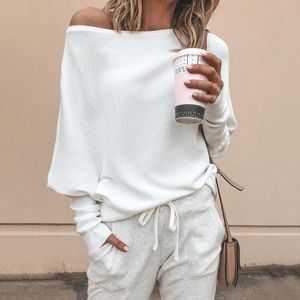 Batwing Sleeve Casual Loose Sweater Tops Pullover Fashion Höst Off Shoulder Stickad Tröja Solid Grå Vit Knitwear Jumper T200319