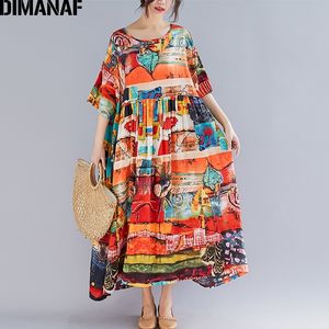 Dimanaf Plus 크기 여성 프린트 드레스 여름 Sundress 면화 여성 레이디 Vestidos 느슨한 캐주얼 홀리데이 맥시 드레스 큰 크기 5xl 6xl T200107