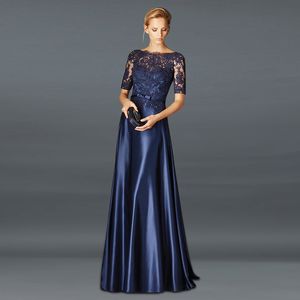 Elegant Navy Blue Mother Of The Bride Dresses A Line Satin Half Sleeves Appliques Long Groom Godmother Evening Dresses For Wedding Party vestidos Robe Soriee 2022