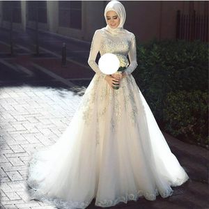 Nova chegada Muslim mangas compridas Boutique Vestidos de noiva Apliques de colarinho alto Boutiques de casamento sofisticados