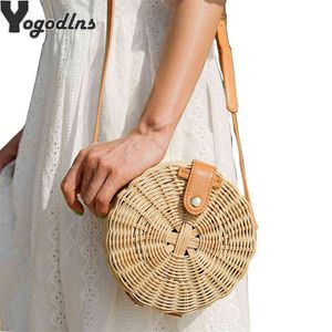 Sacos de compras Circular Casual Rattan Bag Ins Verão Bolsa Handmade Bali Beach Ombro Cinto Tecido Bolsa Boêmio SAC A Main220307