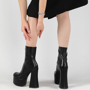 Mid-calf boot kvinna med 14 cm högklacke 2021 ny mode sexig rund tå pu bröllopsklubb fest sko flicka goth punk stor storlek