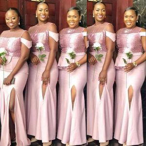 2021 Afryki Nigerii Nowe Druhna Dresses Pink Mermaid Off Shoulder Crystal Koraliki Split Formalny Wedding Guest Party Suknie Plus Size Custom