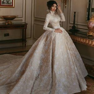 2021 Luksusowy Wysoki Neck Szampania Ślubne Suknie Ślubne Vestidos Largo Białe Koronki Appliqued Długie Rękawy Arabskie Suknie Ślubne Suknia
