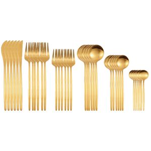 36pcs fosco cutelaria de aço inoxidável conjunto de armários de ouro faca de ouro garfo sobremesa colher de talheres cozinha festa de mesa de jantar 201118
