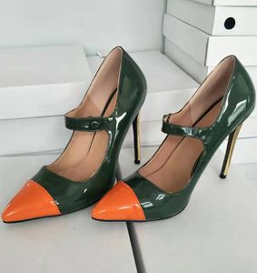 Handgefertigte echte Bilder Damen Stiletto High Heels Kleid Schuhe Mary Janes Patchwork Leder Spitzschuh Abend Party Abschlussball Mode Pumps Grün Orange D753-12