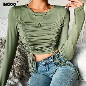 섹시한 긴 소매 ruched 슬림 여성 자르기 top Ingoo Spring Streetwear 녹색 O 넥 드로워 솔리드 여성 짧은 T 셔츠 201028