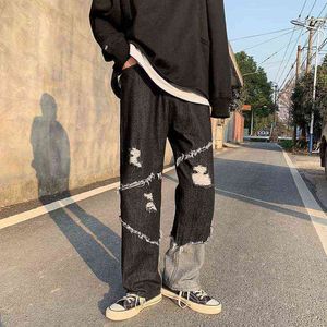 Houzhou Jean Baggy Pour Hommes Pantalon en Denim Ample Dchir Noir Patchwork Streetwear Coren Piss 2021 0309