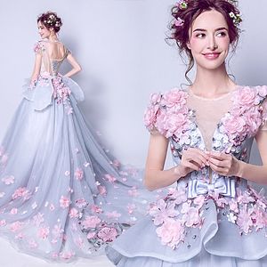 Prenses Soluk Mavi Balo Gelinlik Modelleri 3D Çiçek Çiçekler Aplikler Nakış Dantel Uzun Örgün Abiye giyim Tatlı 16 Elbise Peplum Fırfır