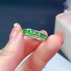 Solitaire Ring Silver Natural Green Diopside Ring Crystal Eternity Women Wedding Jewelry