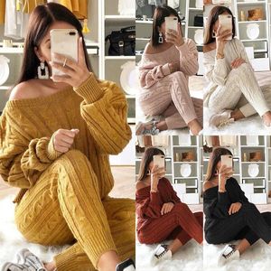 Autumn Winter Women Knitted Two Piece Set Sweater Tops Pants Cable Knit Twisted One Shoulder Long Sleeve Casual Suits Plus Size