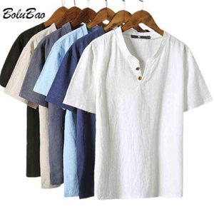 Bolubao verão novo homens camisetas linho de algodão 2 botões M-5XL cor sólida mangas curtas masculino t-shirt casual g1222