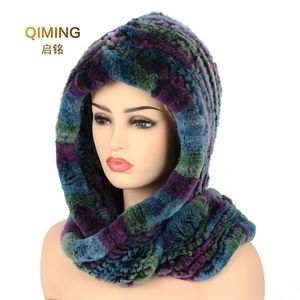 Hat Women Knitted Real Rex Rabbit Fur Hat Hooded Scarf Winter hats for Woman Cap Warm Natural Fur Hat With Neck Scarves