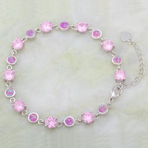 Charm Bracelets Silver Color Pink Zircon Fire Opal For Women Pulseiras Femininas 18.5cm 7.28 Inch AB302