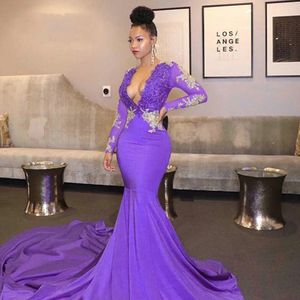 Africa Black Girl Purple Prom Dresses 2021 Sexy scollo a V profondo con perline in pizzo Appliques abito da sera maniche lunghe abito da festa formale AL7993