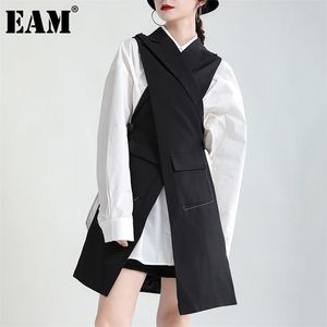 [EAM] Women Loose Fit Black Irreuglar Cross Long Casual Vest Lapel Sleeveless Fashion Spring Autumn 2022 1DE2343 211220