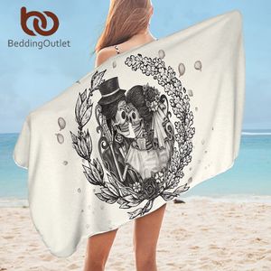 BettwäscheOutlet Totenkopf-Badetuch für Paare, Mikrofaser, Gothic-Strandtuch, Hochzeitskleid, rechteckig, Yoga-Matte, 75 x 150 cm, florales Toalla 201217