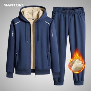 Men Hooded Fleece Tracksuit Casual Set Winter Thicken Warm 2 Pieces Brand 's Sports Suit Jacket Pants Outerwear 220215