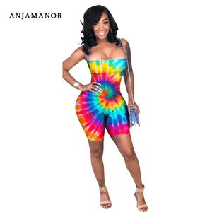 Anjamanor Tie Barwa Rainbow Print Romper Kobiety Sexy Backless Bodycon Spodenki Kombinezon Plus Rozmiar Pajaciki Letnia Playsuit D74-AA28 T200704