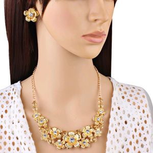 Lyxig guldkristall blomma kedja kort halsband brud halsband set