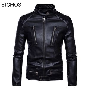 Männer Pelz Faux 2021 Herren Leder Biker Jacke Punk Stil Stehkragen Mode Mehrere Zipper PU Motorrad Mantel Männer hochwertige Leder