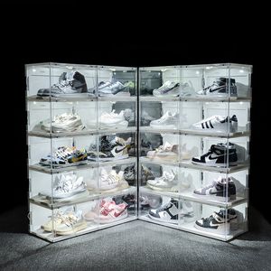 New Sound Control LED Light clear Shoes Box Sneakers Storage Anti oxidation Organizer Shoe Wall Collection Display Rack Y1116
