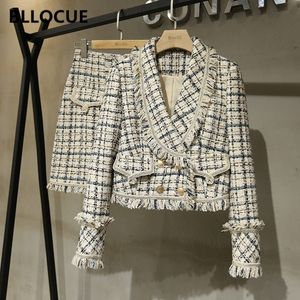 Conjunto de terno de tweed BLLOCUE inverno feminino ouro trespassado casaco curto casaco + borla mini saia terno de lã 2 peças conjunto de roupas 201027